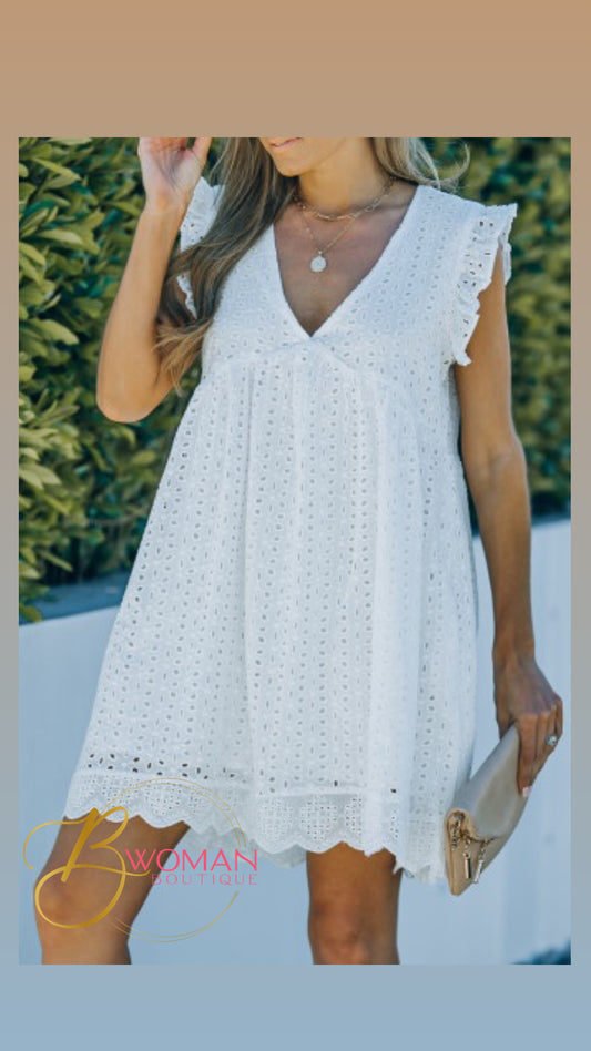 White V Neck Mini Dress